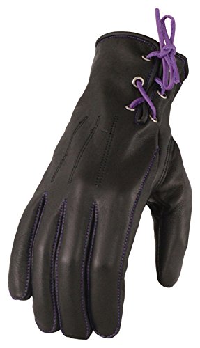 Milwaukee Leather Women's Leather Riding Gloves with Gel Pam and Purple Lacing (Black/Purple, Large)