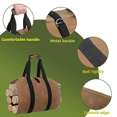 GERYMU Firewood Carrier Waxed Canvas, Tote Bag Waterproof, Fireplace Tools Wood Rack Indoor Outdoor, Fire Pit Log Accessories (Khaki)
