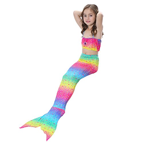Kacm Kids Girls Sparkle Mermaid Tail with Monofin Swimmable Swimwear 3 pcs Set
