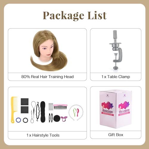 Neverland 28 Inch Professional Hairdressing Head, 80% Human Hair, Cosmetology Mannequin Doll for Salon with Stand + Hairdressing Tools Accessories Set (Blonde)
