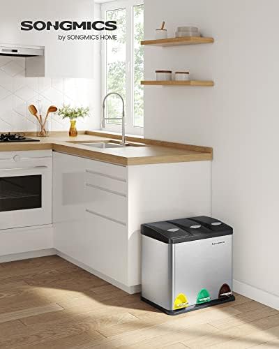Cestino per Rifiuti da Cucina, 3 x 8 L Pattumiera Differenziata Piccolo Volume, Cestino Triplo in Acciaio, Pedali e Secchi Interni, Facile da Pulire, Argento e Nero LTB24L