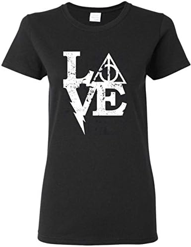 Harry Potter ' LOVE ' Deathly Hallows Distressed Tee Shirt - Black (Medium, Ladies)