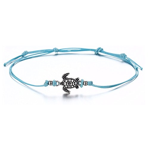 Auch Turtle Anklets for Women, Set of 3 Vintage Turtle Waxrope Anklets, Blue Black Beige