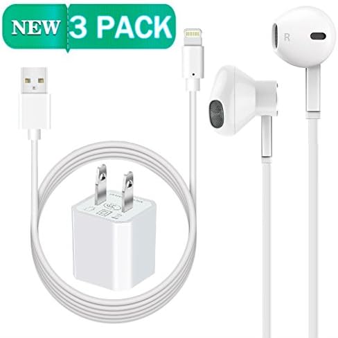 Certified USB 5W 1A Power Travel Wall Charger [Heavy Duty] 3 FEET Lightning to USB Cable &amp; Headphones with Microphone &amp; Volume Control for Apple iPhone iOS10 Smartphones, Devices with 3.5mm