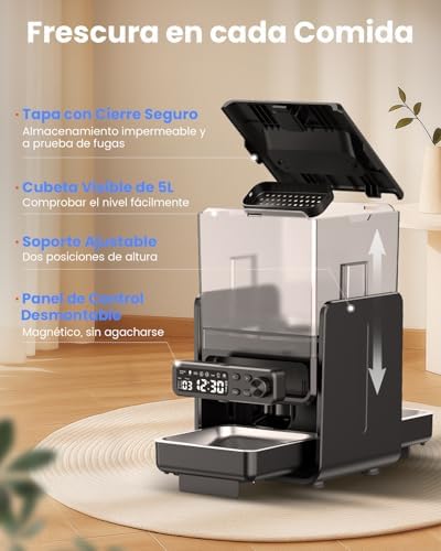 Comedouro automático para gatos para 2 gatos, 5 l/20 chávenas, com tabuleiros ajustáveis, painel de controlo removível, temporizador, comedouro automático para gatos e cães para ração seca
