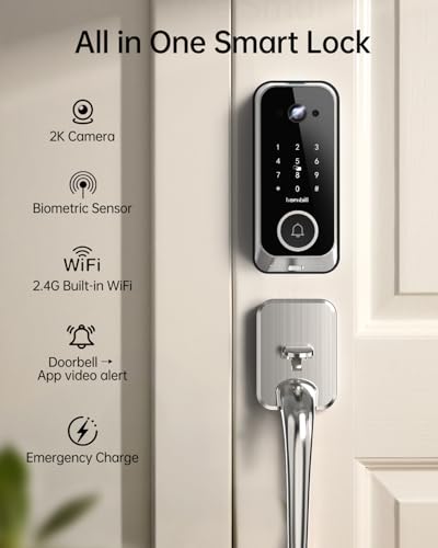 Smart Front Door Lock Sets: 2K HD Camera Lock with Doorbell Kits, Hornbill Fingerprint Keyless Entry Door Lock with Handles, WiFi Deadbolt(only 2.4G) for Remote Control, APP/Alexa/PIR, Silver