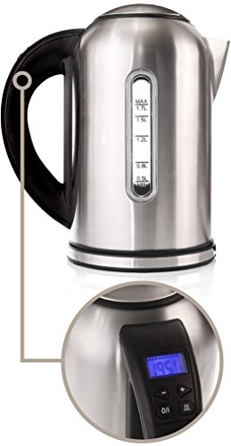 Click Here to See More Images Electric Kettle with 4 Button Touch Display Variable Temperature Control - 1000 Watt Stainless Steel Hot Water Heater - This 1.8 Quart Kettle is the Perfect Tea Maker with Safe Automatic Shut-Off