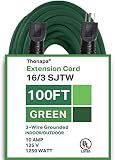 Thonapa 100 Ft Outdoor Extension Cord - 16/3 Durable Green Cable with 3 Prong Grounded Plug for Safety - Great for Christmas Lights, Garden and Major Appliances