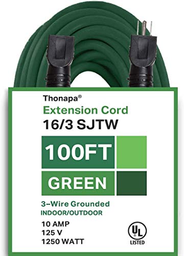 Thonapa 100 Ft Outdoor Extension Cord - 16/3 Durable Green Cable with 3 Prong Grounded Plug for Safety - Great for Christmas Lights, Garden and Major Appliances