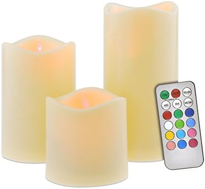 Maudre Set of 3 Flameless Candles, Color Changing Remote Control Timer and Battery Operated Real Wax Pillar LED Candles for Home Decor, Weddings, Parties, Birthday (Color Changing Pillar Candles)