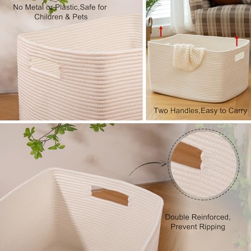 OIAHOMY 75L Large Blanket Basket, Woven Storage Basket with Handle, Cotton Rope Basket 22”x17”x12”,Blanket Basket Living Room, Toy Basket for Nursery, White
