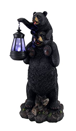 Zeckos Resin Outdoor Figurine Lights Lifting Spirits Bear Cub On Shoulders Statue And Solar Led Lantern 8.5 X 19 X 8 Inches Black