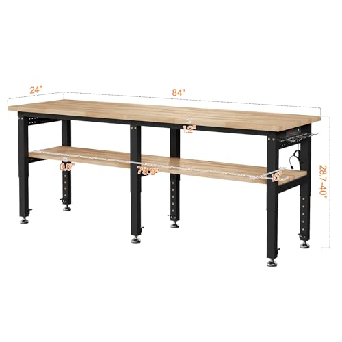 SPECRAFT Adjustable 2-Tier Workbench with 4 AC Outlet and 2 USB Ports Power Outlets, 2000 Lbs Capacity Heavy Duty Workbench, Rubber Wood Top for Garage, Workshop, Office（84x20in）