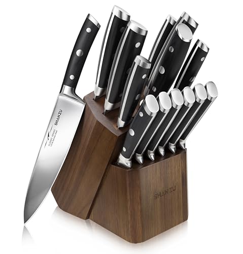 SHAN ZU Küchenmesser Set mit Block, 14-teiliges professionelles Deutsches Kochmesser Block Set mit Wetzstahl, Messersets für Küche mit Block