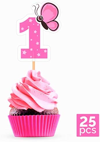 1st Birthday Cupcake Cake Toppers - Girl First Birthday Party Decorations Supplies - 25 Pieces