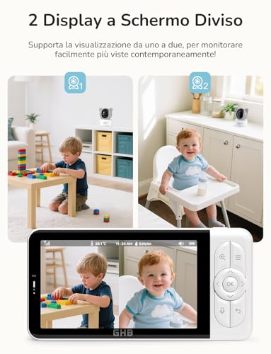 GHB WiFi Video and Audio Baby Monitor with App, 5 Inch IPS Monitor, 2K Camera, 350°/65° PTZ, 3000mAh, Motion Detection/Plant/Temperature, Night Vision