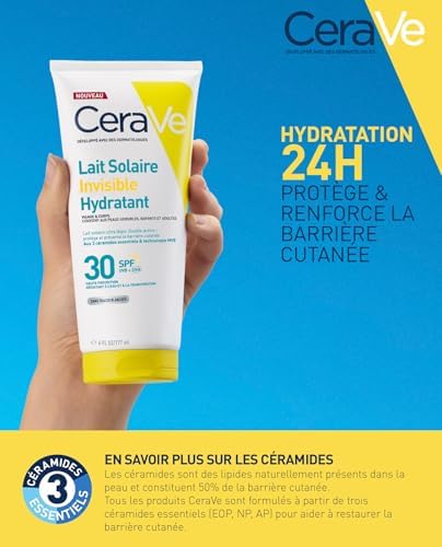 , Lait Solaire Invisible Hydratant 24h SPF30, Haute Protection Solaire, Non Gras, Non Collant, Visage et Corps, Hypoallergénique, 3 Céramides et Vitamine E, Résiste à l'Eau