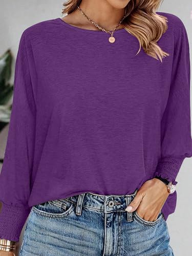 SUCOLAN WOMEN’S 2024 FASHION TOPS LONG SLEEVE T-SHIRTS CUTE CREWNECK BASIC BUSINESS TEES LOOSE FITTED CASUAL BLOUSES PURPLE