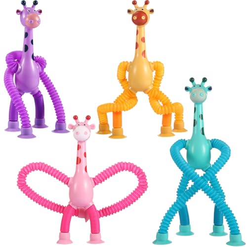 XONTEUS 4 Pcs Pop Tubes Giraffe Travel Airplane Road Trip Car Activities Essential,Telescopic Suction Cup Sensory Toys,S