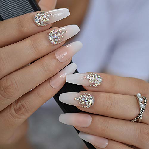Luxury Coffin Nails with AB Rhinestones Ombre French Nail with Stones Long False Nails Natural Color Designed 6 Luxury Coffin Nails with AB Rhinestones Ombre French Nail with Stones Long False Nails Natural Color Designed