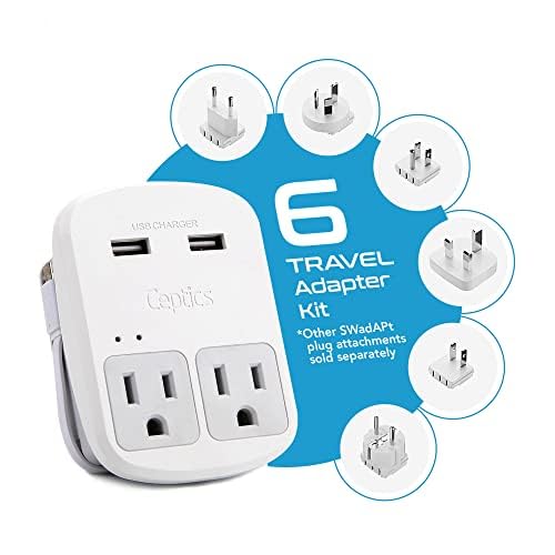 Ceptics 35W Universal Travel Adapter Kit – 2 USA sockets, USB-A, USBC, 1x PD 35W USB-C and USBC Cable, Surge Protected, Plugs for EU, UK, China, AU, Japan - for Laptop, Phone, Camera-ETL Tested