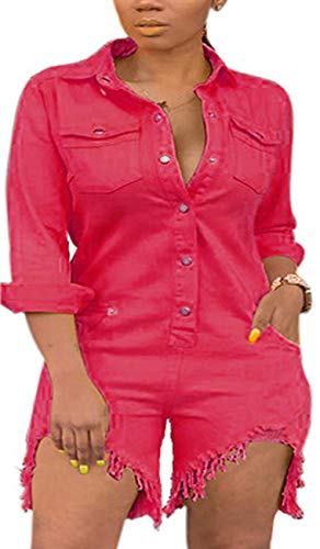 Women Sexy V Neck Denim Rompers Casual Denim Stand Collar Fasten Short Sleeve Button Up Riders T Shirt Jacket Tops BIb Loose Comfy Wide Leg Short Pants Party Club Outfits with Pockets - Thumbnail 5