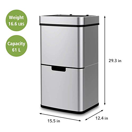 Vertak 16.5 Gallon Touchless Trash Can with 3 Separately Compartments