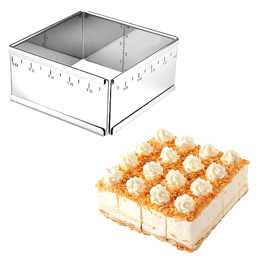 Guowall Adjustable Square Mousse Cake Mould, Stainless Steel Expandable Rectangular Baking Frame for Mousse Cakes, Tiramisu, 10 to 18 cm