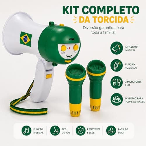 Kit Torcida Copa do Mundo com Mini Megafone + 2 Microfones | Som de Torcida Brasileira + Função Amplificador de Voz | Brinquedo para Festa, Jogos, Copa e Comemorações