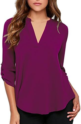 sisiyer Women's Casual V Neck Cuffed Sleeves Solid Chiffon Blouse Top Dark Rosy XX-Large