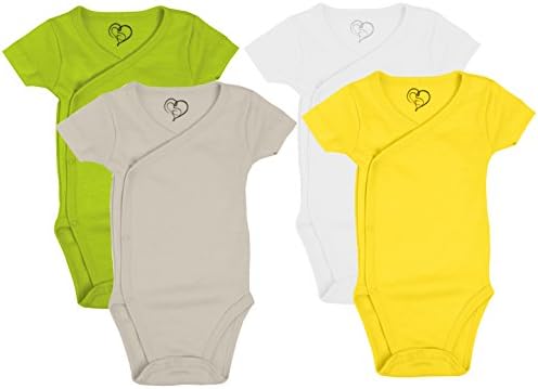 Boys Baby Onesie Short Sleeve Kimono with Side Snaps Bodysuit - Baby Boys 4-Pack -Yellow, White, Stone, Green 3 Months