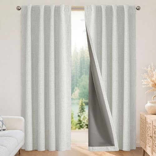 Joydeco 100% Black Out Curtains 63 inch Long 2 Panels Burg Natural Blackout Linen Drapes for Bedroom Living Room Darkening Curtain Thermal Insulated Back tab Rod Pocket(52x63 inch,Greyish White)