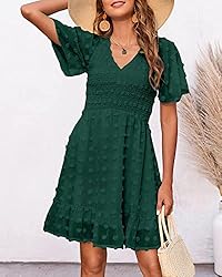 BTFBM Women's V Neck Smocked Short Sleeve Casual