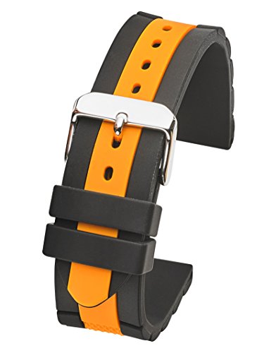 Silicone sporty waterproof watch band - Sizes 20mm, 22mm & 24mm (24MM, BLACK-ORANGE)