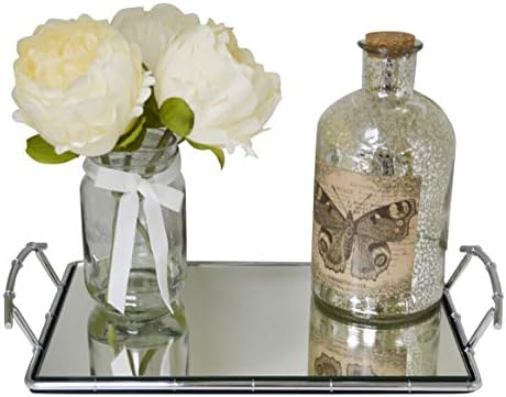 Maison Des Cadeaux New Decorative Gold and Silver Metal Serving/Dressing Table Trays With Mirror Glass Bases (AR80 SILVER)
