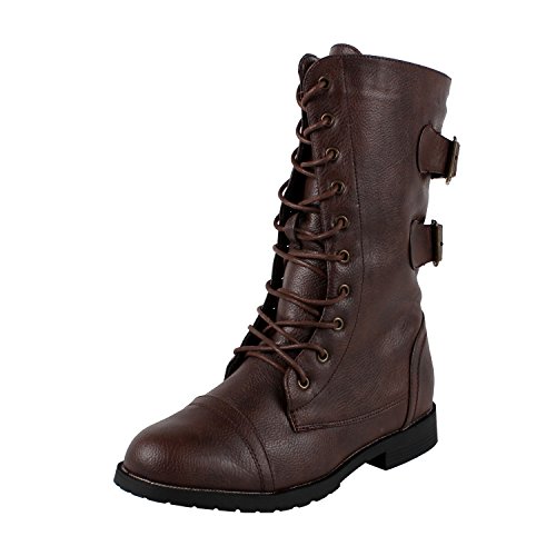 West Blvd Womens CAIRO COMBAT Boots Lace Up Military Army Motorcycle Biker Flat Mid Calf Shoes, Brown Pu, US 6.5