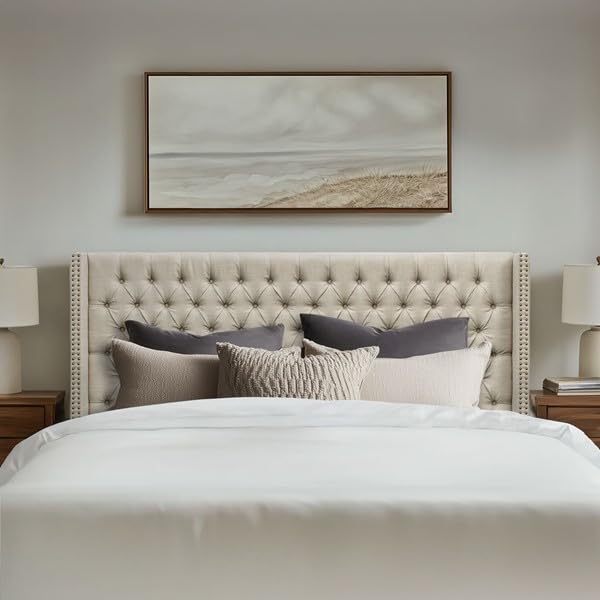 Photo 1 of ***UPDATED 6/7*** Madison Park Amelia Headboard-Wingback Queen Size Headboard, Upholstered Headboard for Adjustable Beds, Hand-Tufted Button Detail, Padded Fabric, Classic & Transitional Bedroom Style, Beige Woven