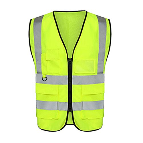 Junda Safety Vest High Visibility Mesh Heavy Duty Zipper & Multi Pockets Men Women Hi Viz Reflective Motorcycle Construction Surveyor Security Wear XL Size