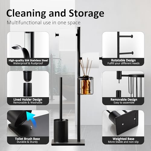 Toilet Paper Holder Set Stainless Steel Black Freestanding Toilet Brush and Storage Basket Perfect for Organizing Bathroom with Elegance and Practicality