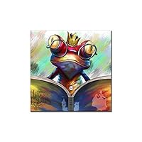 LRRJJ Canvas Wall Art, Animal Painting Frog Reading a Book Wood Frame Stretched Pop Art High Definition Giclee Printing Modern Abstract Art Home Office Decor, 24"x24"