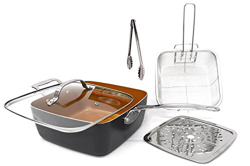 Gotham Steel As Seen on TV All in One Pan! Titanium and Ceramic 9.5
Deep Square Frying & Cooking Pan With Lid - Frying Basket - Steamer
Tray - Utility Tong - 5 Pcs Set