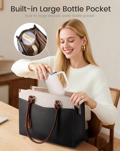 LOVEVOOK Laptop Handbags for Women, PU Leather Work Tote Bags | Clutch & Detachable Shoulder Strap, Padded Laptop Compartment, Waterproof, Large Tote for Shopper, Office, School, Travel