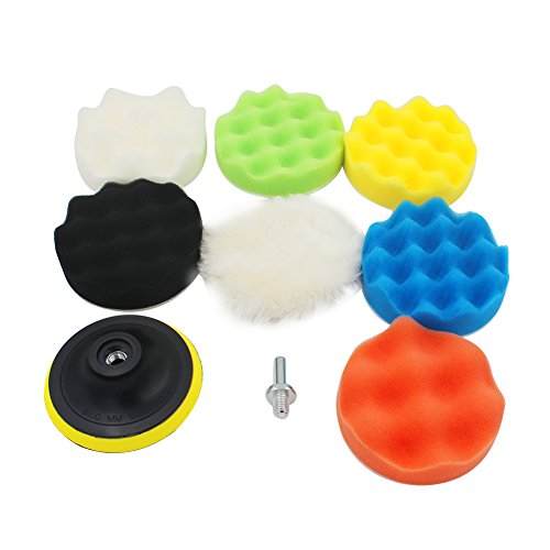 Click Here to See More Images Buffing Pads 9PCS 4 inch, Sponge Woolen Polishing Pad Kit with Drill Adapter for Sealing Glaze ,Polishing, Waxing