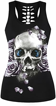 Awesoh Ladies Fashion 3D Printed Pink Rose Skull Sexy Hollow Out Black Tank Tops as Picture Show XL