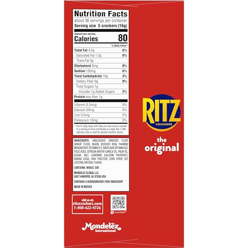 RITZ ORIGINAL CRACKERS, SNACKS FOR KIDS AND ADULTS, LUNCH SNACKS, FAMILY SIZE, 20.5 OZ