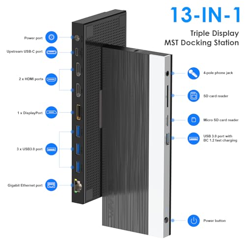 WAVLINK USB C Docking Station, 4k Triple Display Dock, Support 100W for PC with DisplayPort, HDMI Adapter, USB 3.0, Gigabit Ethernet, SD/TF Card Slot, Audio Jack
