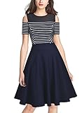 Miusol Women's Casual Navy Style Stripe Scoop Neck Party Swing Dress,Blue-2,Medium