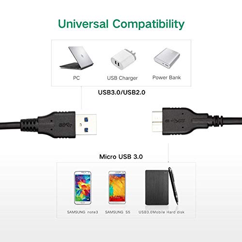 Warmstor USB 3.0 Micro Cable 1ft, 2-Pack USB 3.0 A Male to Micro B Cord External Hard Drive Cable Compatible with Toshiba, WD, Seagate Hard Disk, Samsung Galaxy S5, Note 3, Note Pro 12.2 ect