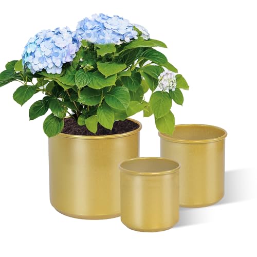 XGJSZP 3 Pcs Gold Flower Pots for Indoor Plants 6.2/4.6/4 Inch, Round Decorative Metal Pot for Wedding, Living Room, Balcony Decoration…
