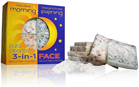 Pura Cleanse 3 in 1 Face Exfoliating Sponges. Facial Scrub & Cleaning Sponges with Soap! Activated Charcoal and Tea Tree Oil for Nighttime & Invigorating Citrus Splash for Morning.